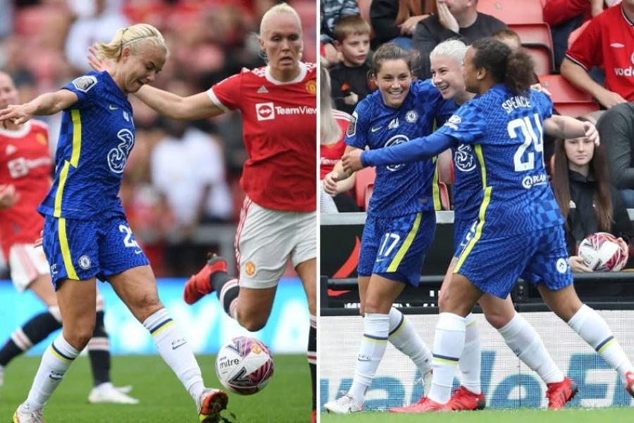 Các cầu thủ nữ Chelsea ăn mừng bàn thắng trong một trận đấu quan trọng tại WSL
