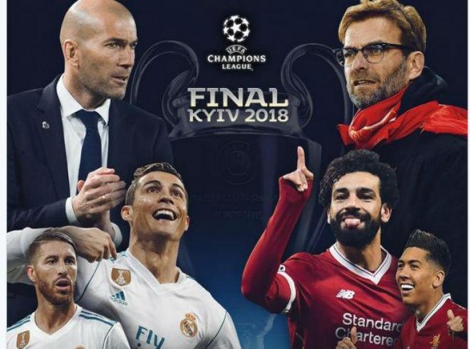 Hình ảnh hai đội Liverpool và Real Madrid xếp hàng trước trận chung kết Champions League lịch sử năm 2018 tại Kyiv