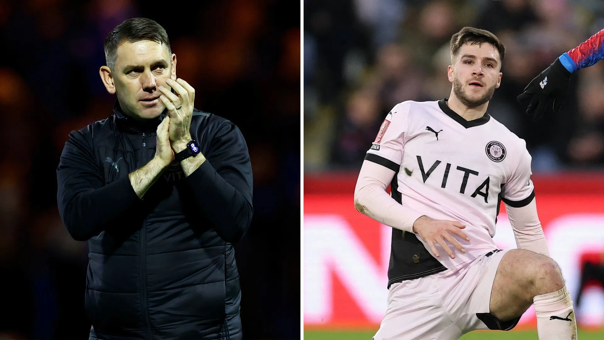 HLV Dave Challinor của Stockport County cùng cầu thủ Ethan Pye, biểu tượng cho sự chuẩn bị và kinh nghiệm của đội bóng