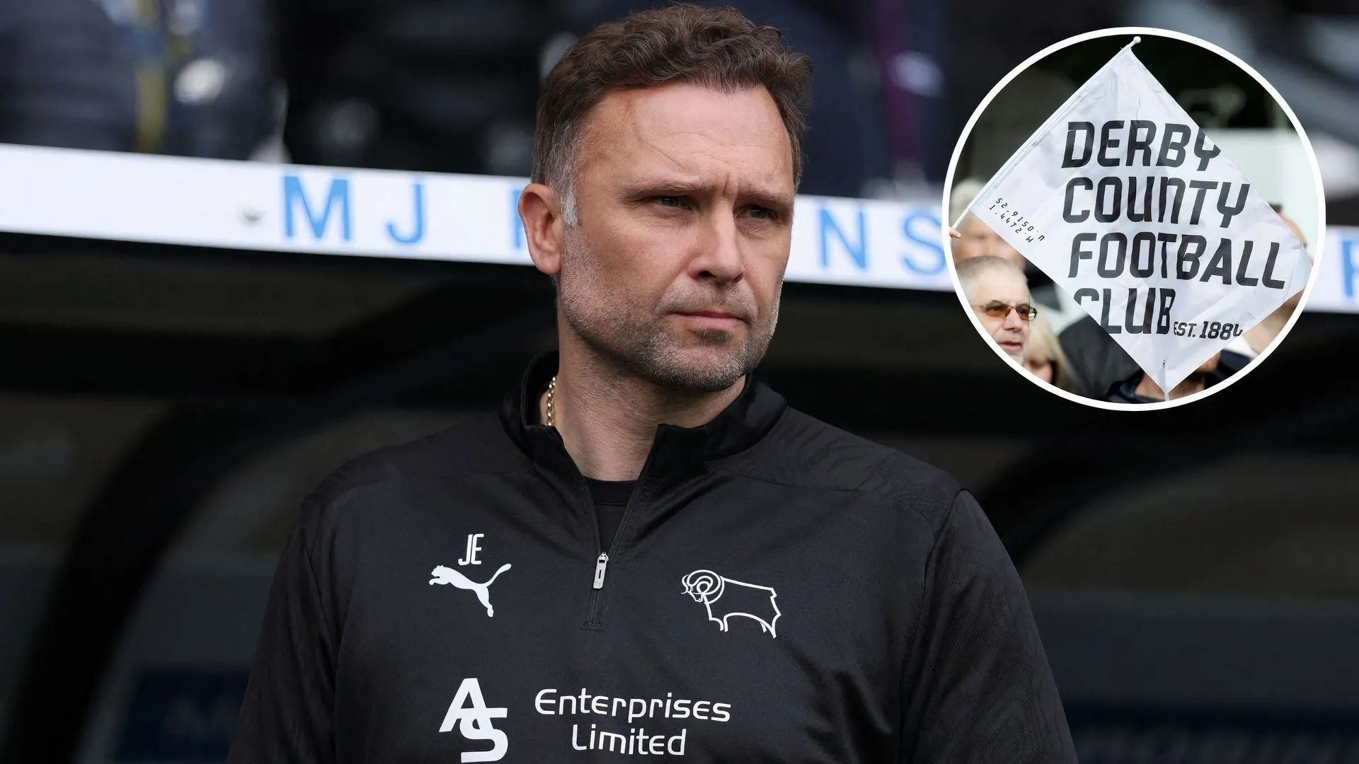HLV John Eustace cùng ban huấn luyện Derby County sau khi giúp đội bóng trụ hạng thành công tại Championship.