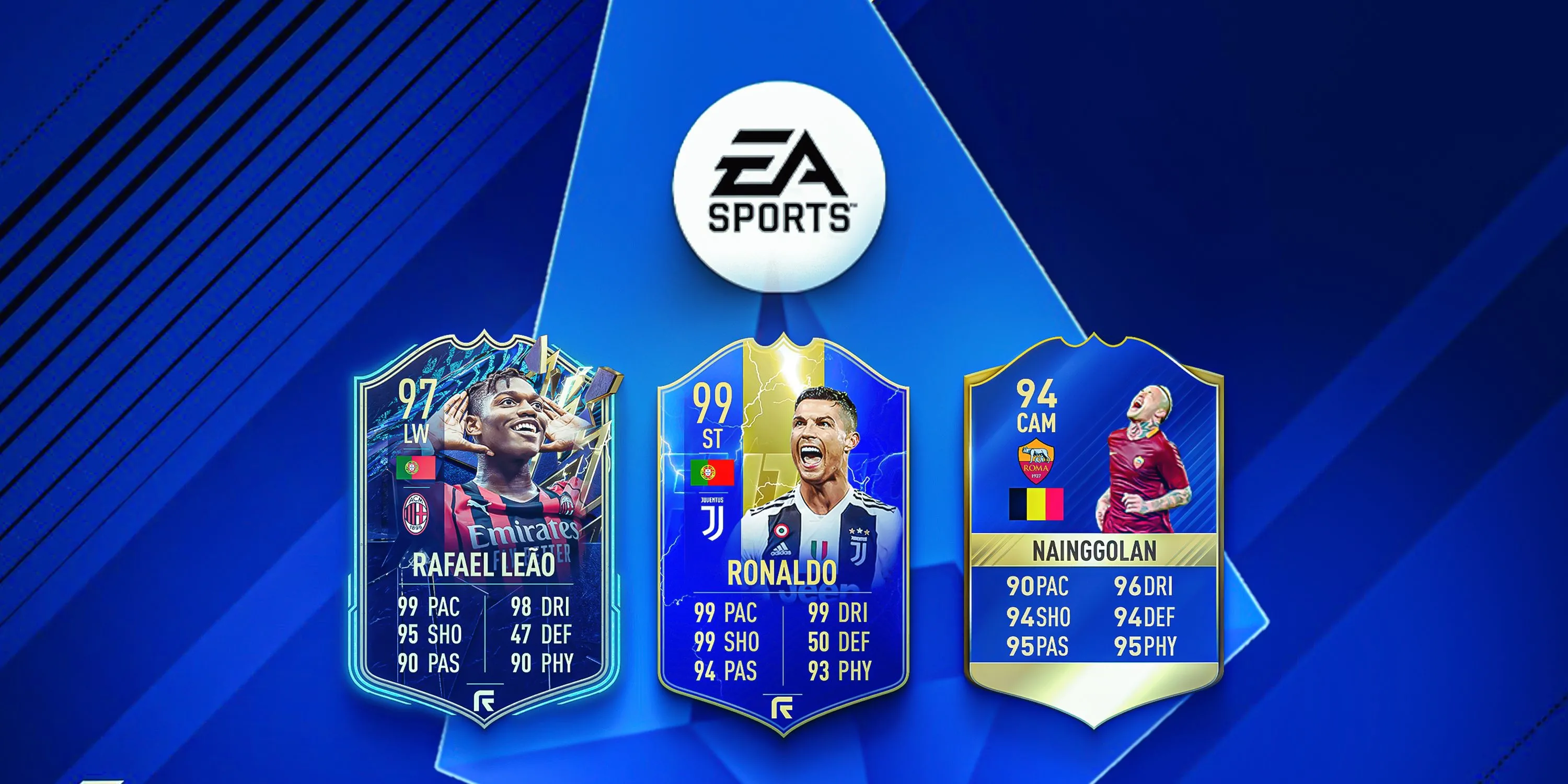 Thẻ cầu thủ Ronaldo, Leao và Nainggolan trong các phiên bản game EA Sports