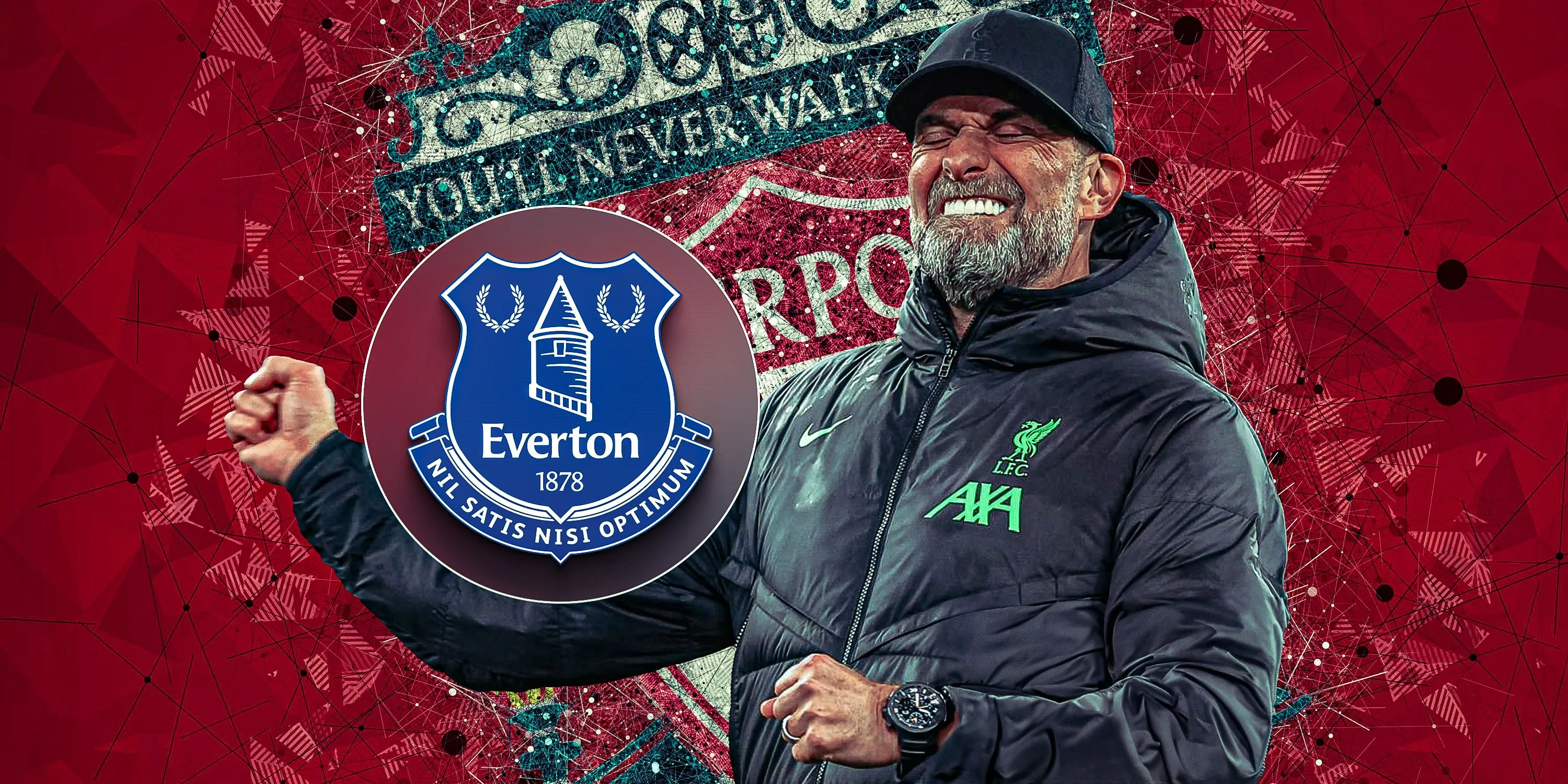 Hình ảnh tùy chỉnh của Jurgen Klopp ăn mừng cạnh huy hiệu Everton