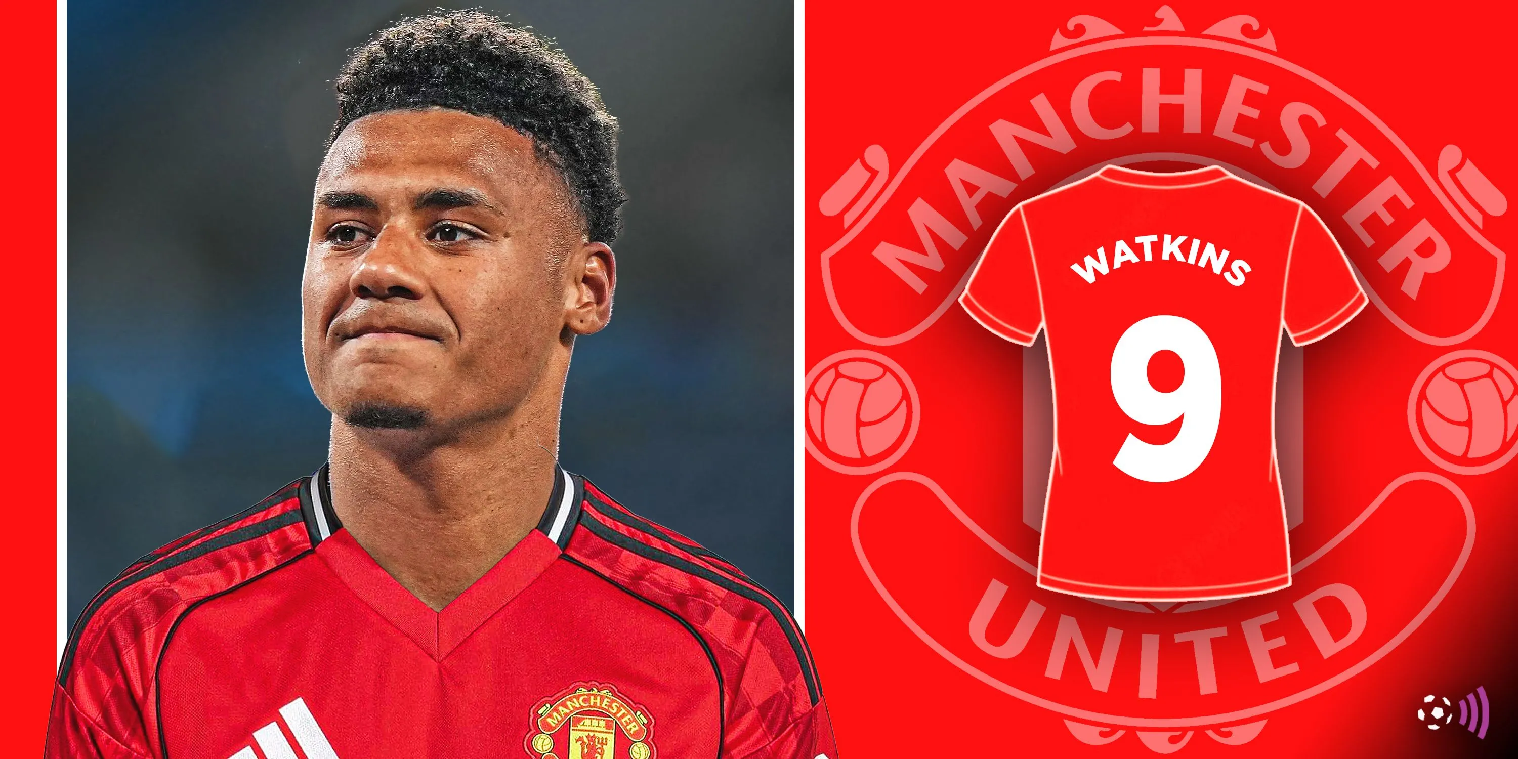 Hình ảnh chiếc áo đấu Manchester United với tên Ollie Watkins, thể hiện tin đồn chuyển nhượng